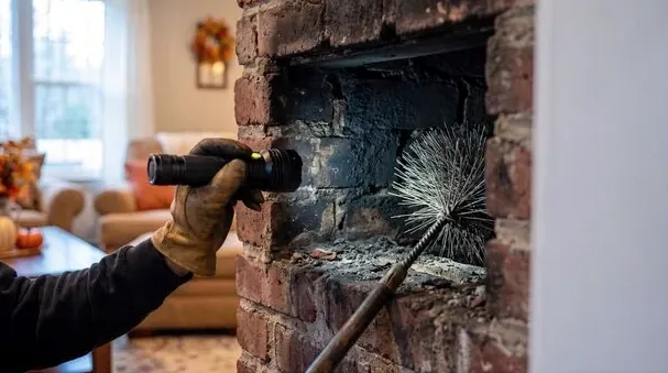 Technician using a flashlight to inspect a basement fireplace in Roseville