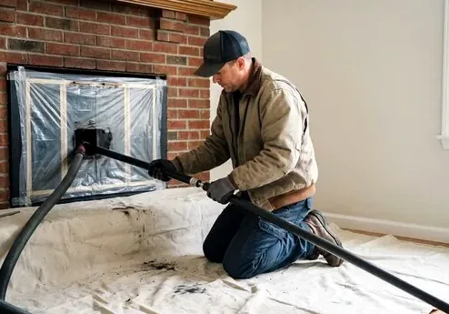 Drop cloths protecting a Roseville living room during chimney service